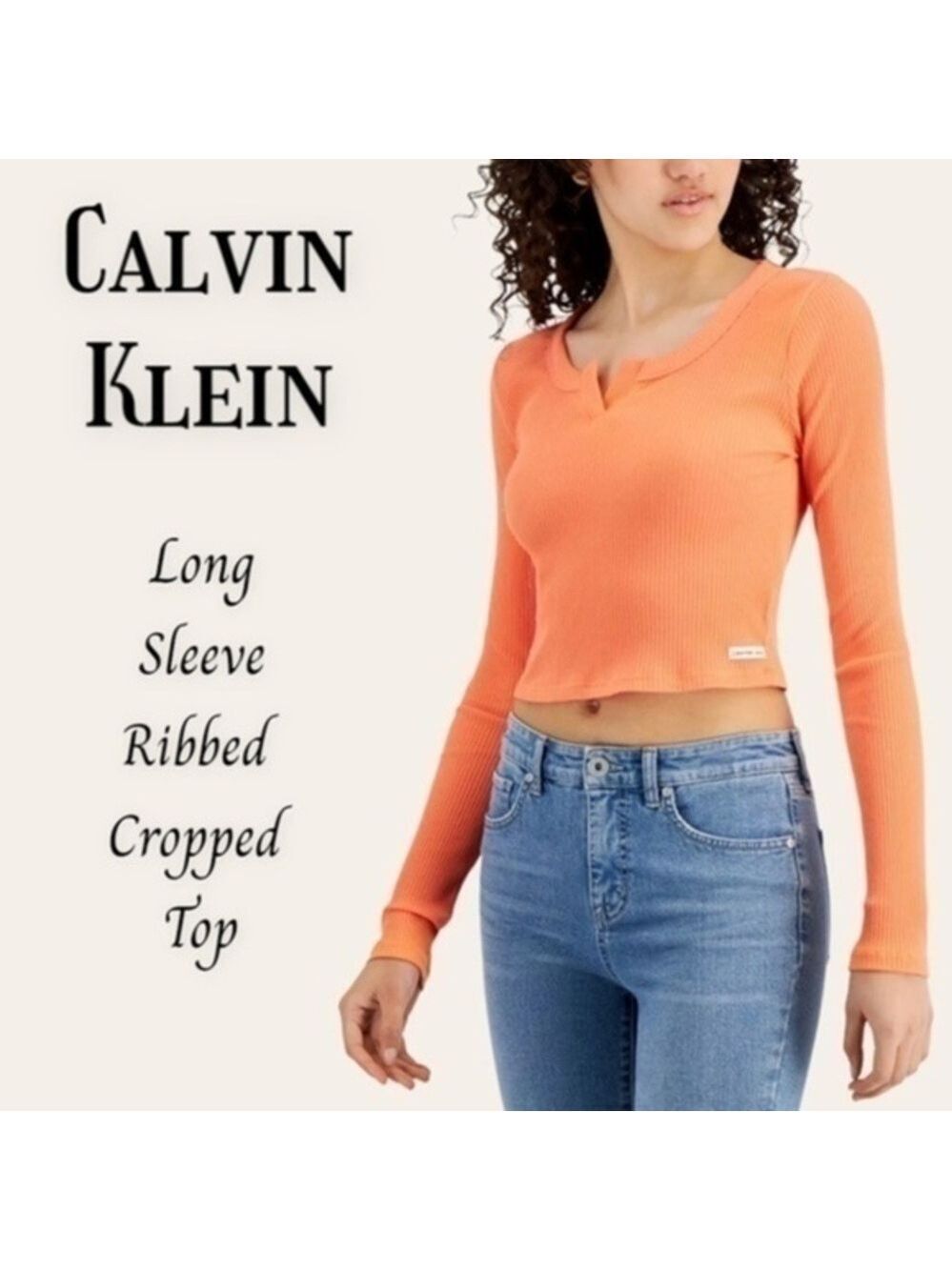 CALVIN KLEIN Long Sleeve Ribbed Cropped Split Neck Fitted Henley Coral/XL NWT